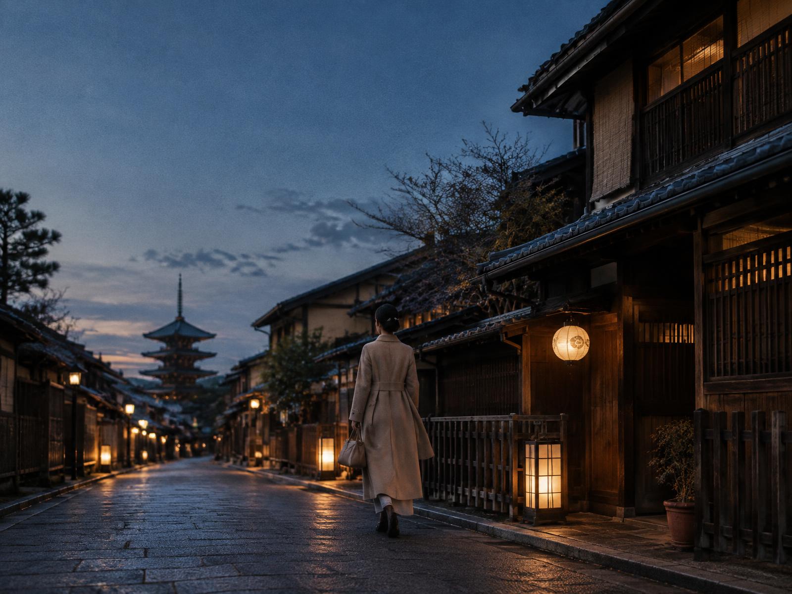 A lantern-lit street in Japan at dusk